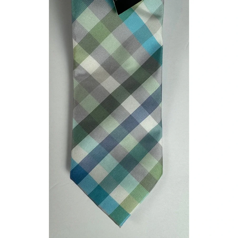 Express Mens Plaid Necktie Blue Green Grey Check Polyester New With Tags